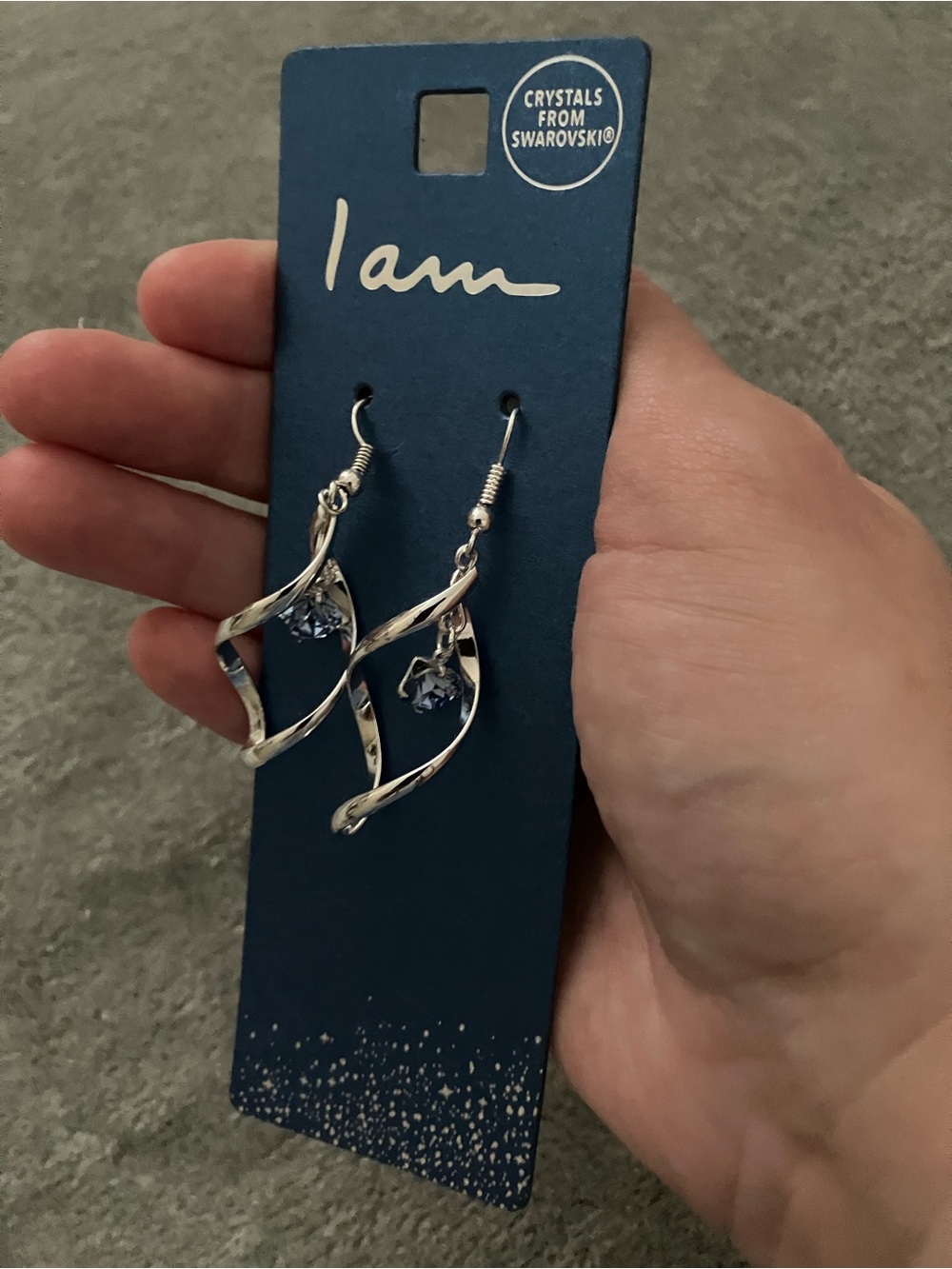 "I Am" Silver Tone Blue Swarovski Crystal Dangle Earrings